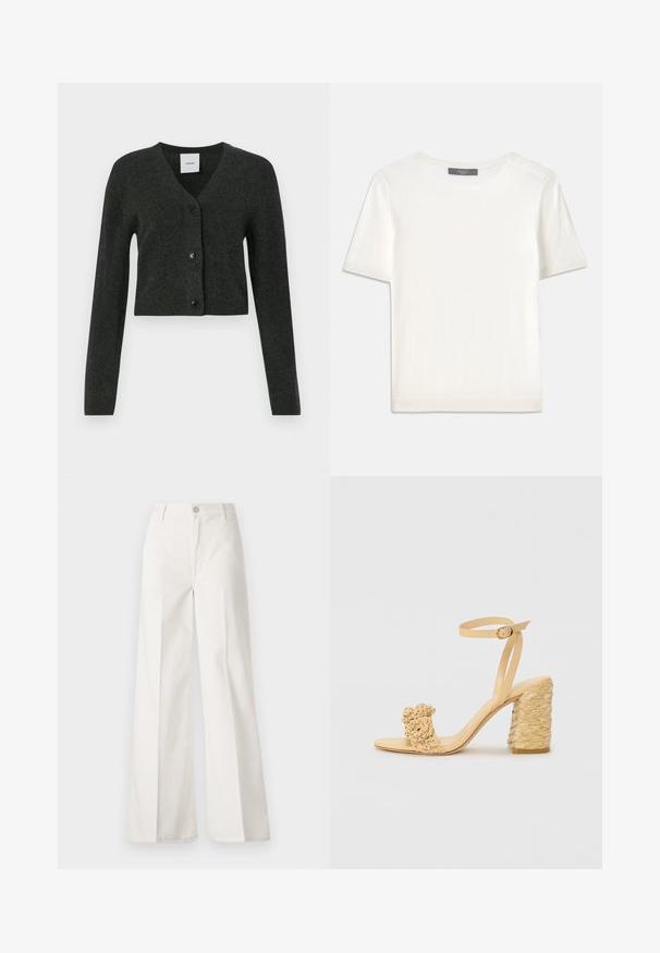 Tmavě šedý dlouhý rukáv zkrácený cardigan s véčkovým výstřihem a třemi černými knoflíky vpředu.; Bílý pletený top s krátkým rukávem a kulatým výstřihem, s hladkou strukturou a jemnými ribovými akcenty na rukávech a lemu.; Bílé volné kalhoty vyrobené z bavlny s hladkou texturou. Obsahují přední knoflík, zip a design se čtyřmi kapsami.; Beige sandálky na vysokém podpatku s pletenou texturou, vyznačující se ozdobnou květinou a náramkem kolem kotníku. Čtvercová pata zajišťuje stabilitu.