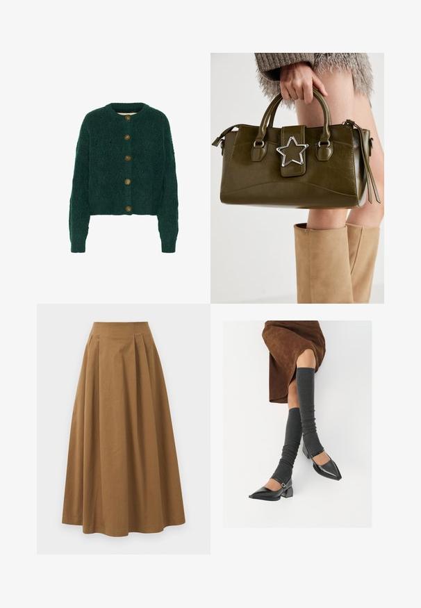 Cardigan tricotat verde cu un model texturat, decolteu rotund și cinci nasturi maro pe față. Lungime croppată, cu manșete cu nervuri.; Cămașă albă cu nasturi, confecționată din bumbac neted, având un guler clasic, mâneci lungi și un tiv curbat. Nasturii sunt mici și albi.; Fustă A-line din bumbac maro, cu talie înaltă, având pliseuri pe față și o textură netedă. Marginile sunt finisate curat și simplu.; Pantofi negri din piele lacuită, cu vârful ascuțit, toc bloc și curea la glezna, asortați cu jambiere gri cu nervuri și o fustă din suede maro.; Geantă din piele ecologică de culoare verde măslin, cu accent din stea argintie, două mânere și închidere cu fermoar. Suprafață texturată și formă structurată.