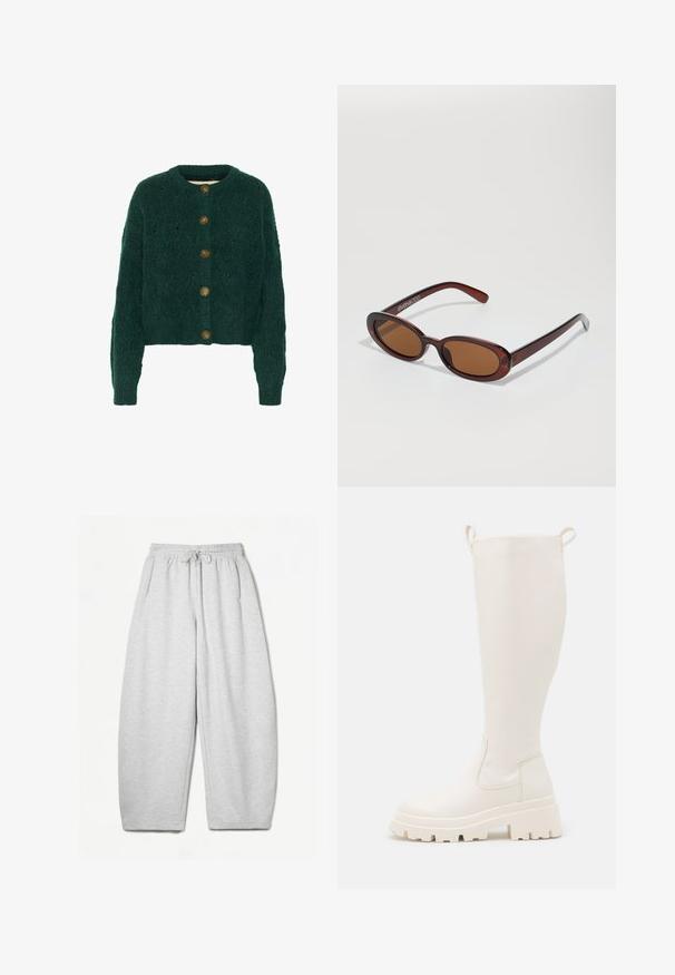 Zeleni pleteni kardigan s teksturalnim uzorkom, okruglim izrezom i pet smeškastih dugmadi sprijeda. Krojen do struka, rebrasti manžeti.; Bijela majica dugih rukava od mekog, glatkog materijala. Sadrži okrugli izrez i uski kroj s minimalnim detaljima šivanja.; Svijetlosivi dukserica s opuštenim krojem, elastičnim pojasom, vezicom i bočnim džepovima; izrađeni od mekanog, teksturiranog materijala.; Čizmice od bijele gume do koljena s debelim potplatom i bočnim elastičnim panelima. Imaju hvataljke na vrhu za lakše oblačenje. Glatka tekstura.; Okvir okruglih, smeđkastih sunčanih naočala s sjajnim burgundskim okvirom. Uski nositelji s suptilnim brendiranjem. Ravna leća.