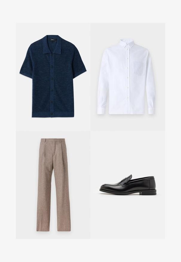 Kortärmad marinblå stickad skjorta med platt krage, med knäppning och finstrukturerad tyg. Försedd med fem svarta knappar.; Vit långärmad skjorta med knappar, tillverkad av bomull, med en bröstficka med ton-i-ton broderi, krage och knappmanchetter.; Bruna, högmidjade byxor i texturerat tyg. Har vida ben och två framvikningar för struktur. Välavslutad utan synlig hårdvara.; Svarta läderloafers med en slät yta, rund tå och ett dekorativt band över främre delen. Låg staplad klack, minimalistisk design.