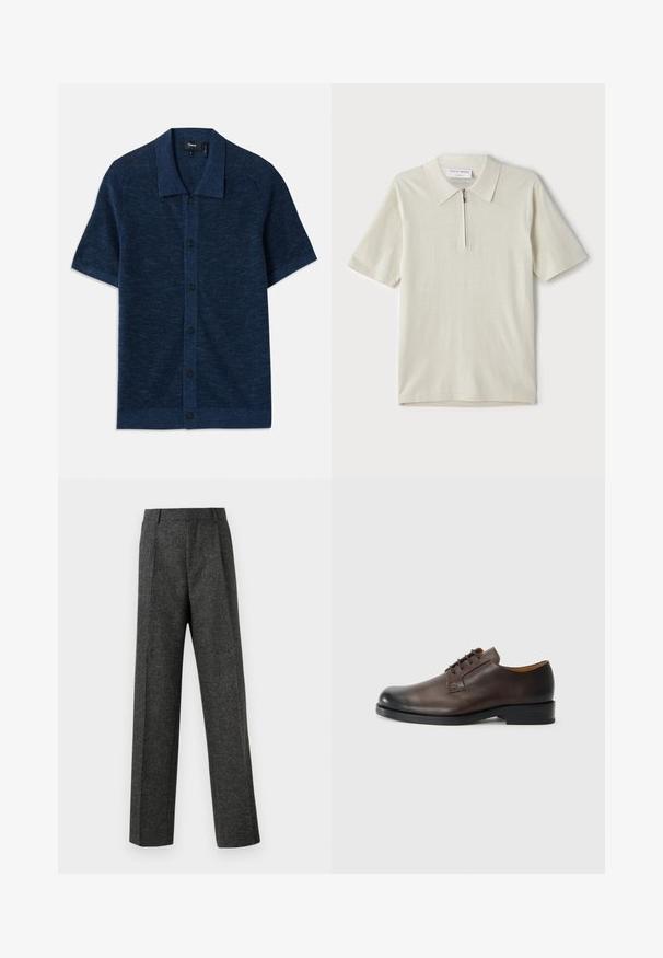 Krátký rukáv modrého pleteného trička s plochým límcem, prezentující zapínání na knoflíky a jemně texturovanou látku. Doplněno pěti černými knoflíky.; Pánská polo košile s krátkým rukávem v světlé béžové barvě, s límcem na zip. Vyrobena z hladkého materiálu, s jednoduchým, moderním designem bez vzorů.; Šedé kalhoty na míru vyrobené z texturované tkaniny, s dvěma předními záhyby a rovnými nohavicemi. Bez viditelných kapes nebo ozdob.; Hnědá kožená bota s kulatou špičkou, nízkým podpatkem, šněrovacím designem a hladkým povrchem. Má minimální švy a leštěný povrch.