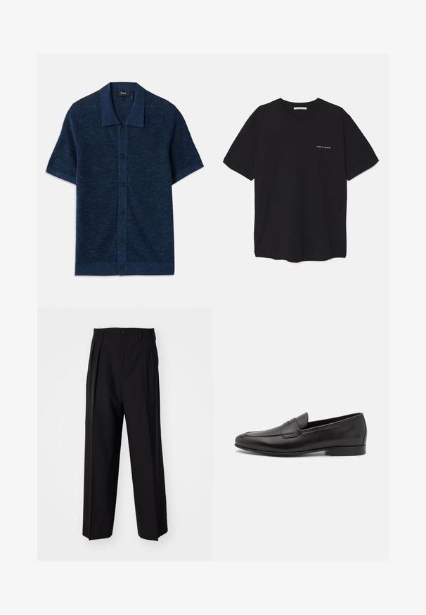 Majica s kratkimi rokavi v mornarsko modri barvi iz pletenine s ravnim ovratnikom, z gumbno zaporo in fino teksturo. Poudarjena je s petimi črnimi gumbi.; Črna bombažna majica s kratkimi rokavi in okroglim ovratnikom, z belim logotipom natisnjenim na levi prsni strani. Preprost, enobarven dizajn.; Črne nabirane hlače s ravnim, širokim krojem. Narejene so iz gladkega materiala in imajo zadrgo ter pasne zanke.; Moški črni usnjeni loafer s nizkim peto in klasičnim penny trakom, prikazan v bočnem profilu na belem ozadju.
