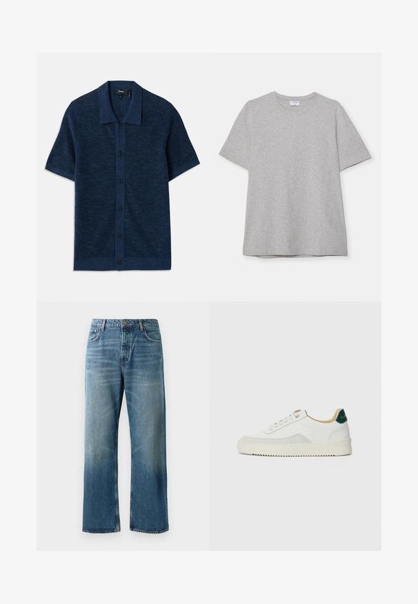 Kék, rövid ujjú kötött póló lapos gallérral, gombos záródással és finom textúrájú anyaggal. Öt fekete gomb díszíti.; Szürke, rövid ujjú póló, puha, texturált anyagból készült. Klasszikus környakú és egyenes fazonú, alkalmas hétköznapi viseletre.; Világoskék, széles szárú farmer, elhasználódott mosással, egy gombos záródással, öt zsebbel és kontrasztos varrással.; Fehér sneaker suédé részletekkel, kerek orral, lapos fűzőkkel és krémszínű gumitalppal. Zöld logó található a sarkán.