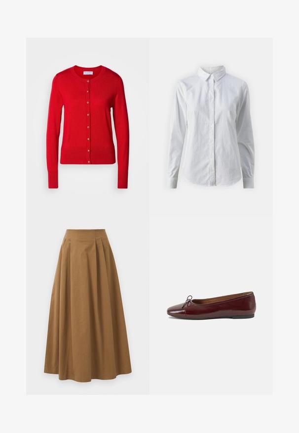Rote gestrickte Strickjacke mit Rundhalsausschnitt, Knopfverschluss an der Vorderseite und gerippten Bündchen. Besitzt eine glatte Textur und metallische Knopfdetails.; Weißes Hemd mit Knöpfen, aus glattem Baumwollstoff, mit klassischem Kragen, langen Ärmeln und abgerundetem Saum. Die Knöpfe sind klein und weiß.; Brauner Baumwoll-A-Linien-Rock mit hoher Taille, der vorne Falten aufweist und eine glatte Textur hat. Der Saum ist sauber und einfach verarbeitet.; Burgunderfarbenes, lackiertes Ballettschuh mit abgerundetem Zehenbereich, kleiner Schleifenakzent vorne und einer niedrigen, schwarzen Gummisohle. Glatte Textur.