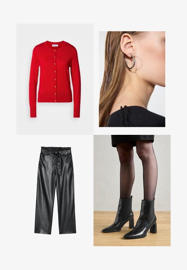 Crvena pletiva kardigan s okruglim izrezom, prednjim zatvaranjem na gumbe i rebrastim manžetama. Ima glatku teksturu i metalne detalje na gumbima.; Bijela bluzica dugih rukava s klasičnom kragnom, prednjim kopčanjem na gumbe i nabranim detaljem sa strane. Glatka tkanina s krojem koji se dobro prilagođava.; Crne hlače širokih nogavica od umjetne kože s elastičnim, nabranim pojasom i odvojivim remenom. Glatka tekstura i minimalni sjaj.; Crne kožne gležnjače s šiljastim vrhom, robusnim četvrtastim potplatom i elegantnim dizajnom. Imaju elastične bočne panele za jednostavno oblačenje.; Srebrna kružna naušnica s poliranim završetkom, koja ima male zlatne detalje i okrugli oblik, nošena na uhu.