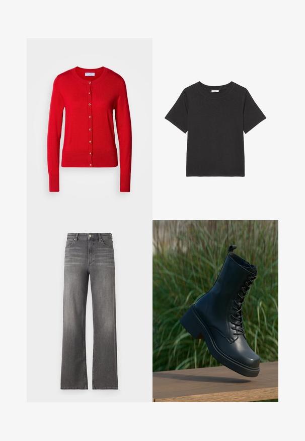 Rote gestrickte Strickjacke mit Rundhalsausschnitt, Knopfverschluss an der Vorderseite und gerippten Bündchen. Besitzt eine glatte Textur und metallische Knopfdetails.; Schwarzes T-Shirt aus weichem Stoff, mit Rundhalsausschnitt und kurzen Ärmeln. Das Design ist schlicht, ohne sichtbare Muster oder Akzente.; Graue Denim-Weitbeinjeans in mittlerer Höhe mit subtilen Verblassungen, klassischem Fünf-Taschen-Design und Metallknopfverschluss. Reguläre Saumlänge.; Schwarze Lederknöchelstiefel mit runder Zehenpartie, Schnürung an der Vorderseite und dickem, klobigem Absatz. Verfügt über detaillierte Nähte und eine glatte Oberflächenstruktur.