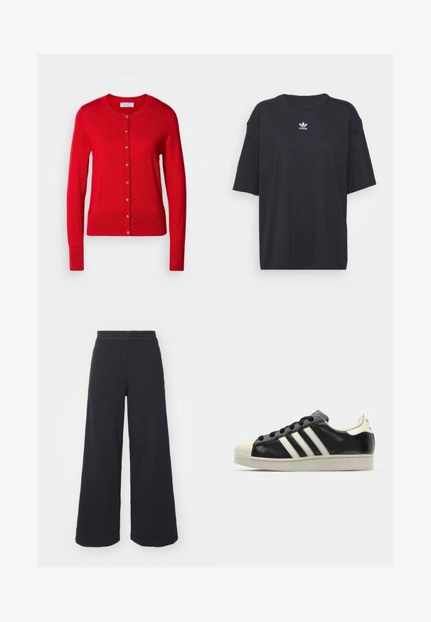 Crvena pletiva kardigan s okruglim izrezom, prednjim zatvaranjem na gumbe i rebrastim manžetama. Ima glatku teksturu i metalne detalje na gumbima.; Crna pamučna majica kratkih rukava, okruglog izreza, s bijelim Adidas logom na prsima. Jednostavan dizajn, opušteni kroj.; Crne široke sweatpants hlače napravljene od mekog materijala, s elastičnim strukom i malim logotipom s lijeve strane.; Crni kožni tenisice s bijelim prugama, gumeni zaštitni vrh, crne vezice i bijela potplata boje krem. Glatka tekstura s sjajnim završetkom.
