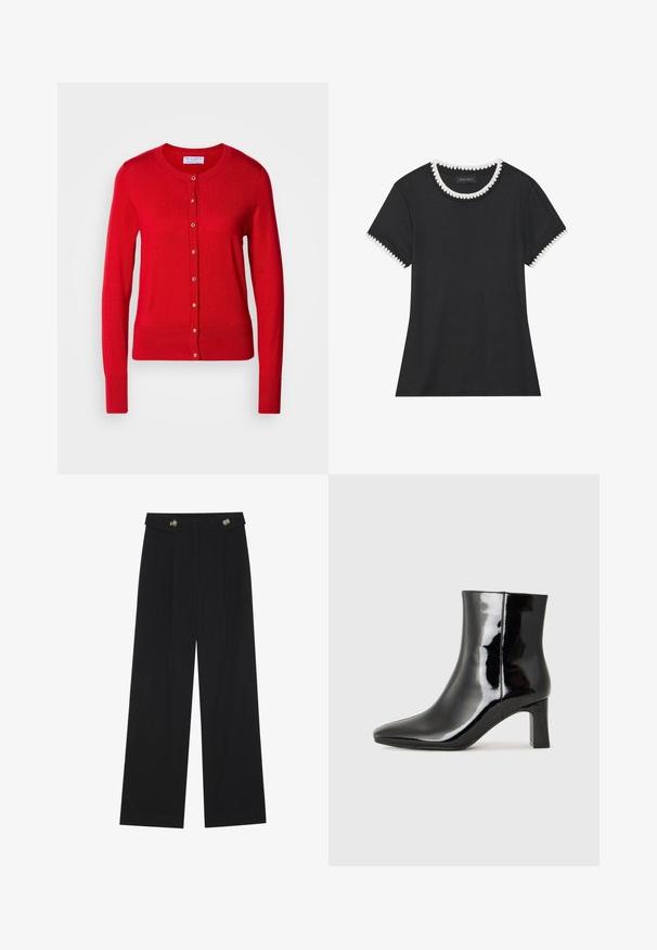 Cárdigan de punto rojo con cuello redondo, cierre frontal de botones y puños acanalados. Presenta una textura suave y acentos de botones metálicos.; Camiseta negra con textura acanalada, cuello redondo con borde en forma de ola blanco, y mangas cortas con detalles a juego en forma de ola.; Pantalones de pierna ancha negros con cintura alta, detalles de botones en la cinturilla y pliegues en la parte delantera.; Botín de charol negro con punta afilada y un tacón de bloque de altura media. Textura suave y diseño minimalista.