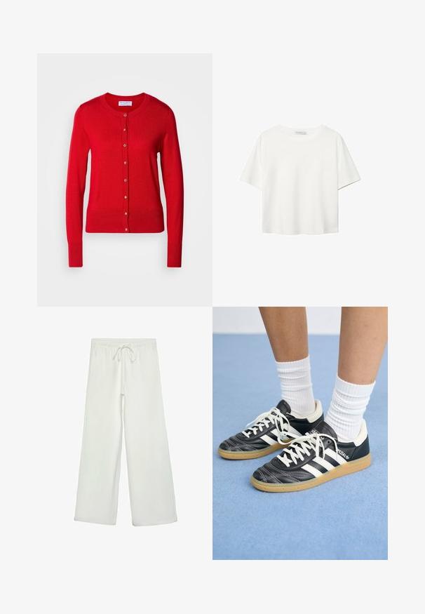 Crvena pletiva kardigan s okruglim izrezom, prednjim zatvaranjem na gumbe i rebrastim manžetama. Ima glatku teksturu i metalne detalje na gumbima.; Bijela majica kratkih rukava od pamuka. Ima okrugli izrez i opušteni kroj. Glatka tekstura bez vidljivih uzoraka ili naglasaka.; Bijele hlače širokog kroja od mekog materijala. Imaju elastični pojas s vezicom i glatku teksturu. Nema vidljivih uzoraka ili metalnih dijelova.; Crne kožne atletike s bijelim trakama, okruglim prstima, bijelim vezicama i gumeni potplat. Naglašene jastučićem oko gležnja i detaljima s brandingom.