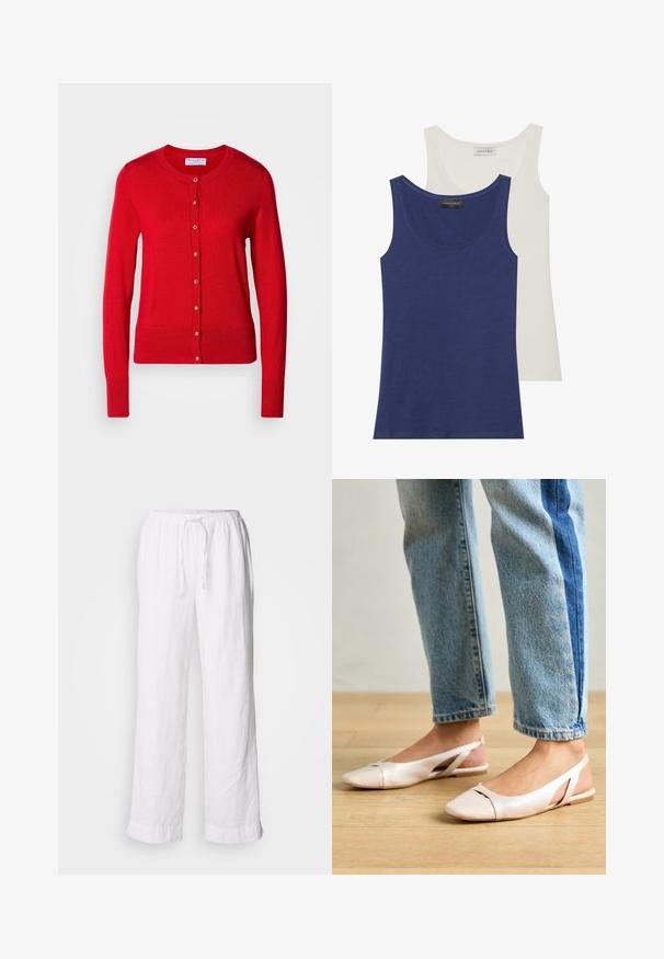Rode gebreide cardigan met een ronde halslijn, knoopsluiting aan de voorkant en geribde manchetten. Beschikt over een gladde textuur en metalen knoopaccenten.; Twee tanktops: één marineblauw en één gebroken wit. Beide hebben een ronde halslijn, een zachte textuur en een eenvoudig ontwerp. Merkenlabel zichtbaar aan de bovenkant.; Witte linnen broeken met een losse pasvorm, elastische tailleband en trekkoord. Heeft rechte pijpen en opgerolde zoom voor een casual uitstraling.; Zachtroze slingback ballerina's met een spitse neus, gemaakt van een glad leerachtig materiaal. Bevat uitsnijdingen aan de zijkanten en heeft een platte hak.