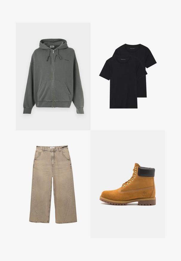 Grå zip-hoodie lavet af blød bomuldsblanding, med snøre i hætten, forlommer og ribkantede ærmer. Brandlogo på brystet.; To sorte bomulds t-shirts med korte ærmer, rund halsudskæring og en glat tekstur, vist stablet sammen.; PULL&BEAR MEGA BAGGY - Baggy jeans - light grey; Tan nubuck ankelstøvle med sort polstret krave, gyldne metaløjer, hvid syning detaljer og robust gummisål med udtalte slidbaner.