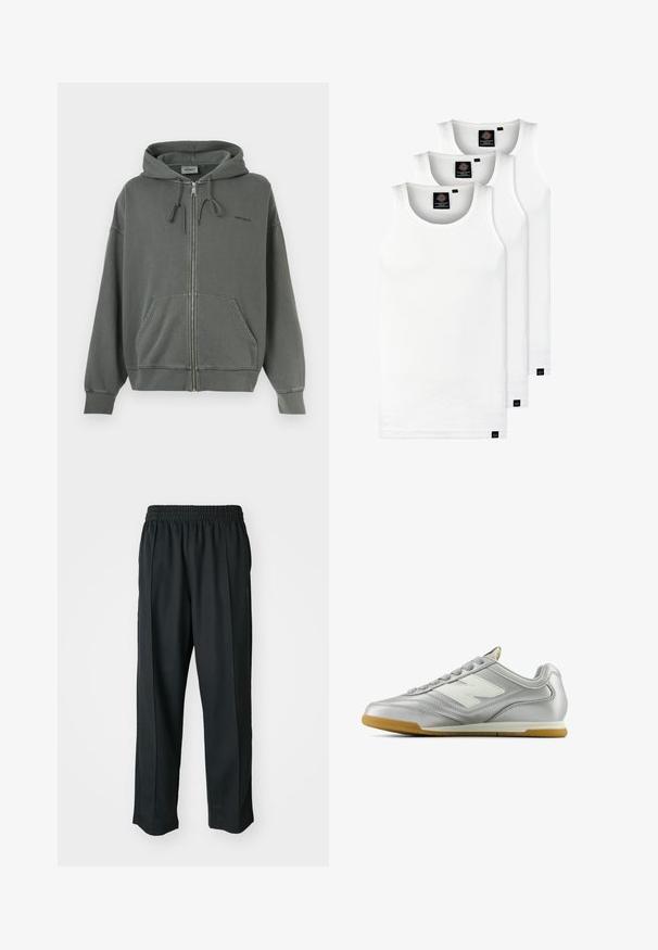Grå zip-up hettegenser laget av myk bomullsblanding, med snorhette, frontlommer og ribbede ermer. Merkevarenavnet på brystet.; Tre hvite ribbestrikkede tank topper laget av bomull. Har en rund hals og små svarte etiketter nær kanten. Tilgjengelig i flere størrelser.; Sorte idrettsbukser med elastisk midje, laget av glatt stoff, med subtile sidesømmer og en avslappet passform, rett ben-design.; Sølv idrettssko med en glatt, blank overflate, hvit logo på siden, teksturerte grå snører, og såle av gummigummi.