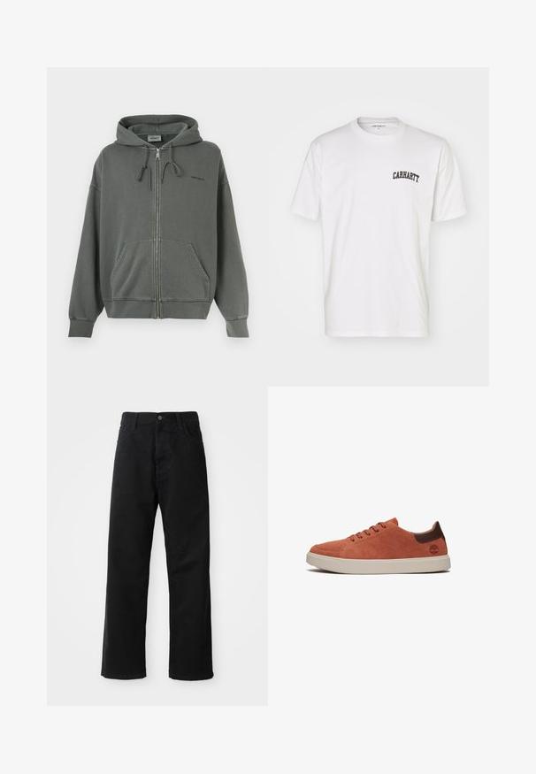 Felpa grigia con zip realizzata in morbido misto cotone, dotata di cappuccio con coulisse, tasche frontali e polsini a coste. Logo del marchio sul petto.; Maglietta in cotone bianco con maniche corte e scollo rotondo. Presenta un logo "Carhartt" nero stampato sull'area superiore sinistra del petto.; Pantaloni in denim nero con taglio dritto, caratterizzati da tasche frontali, chiusura con zip e un singolo bottone superiore. Tessuto testurizzato con finitura opaca.; Sneaker basse eleganti in suede arancione bruciato con dettagli in pelle marrone e suola in gomma bianca a contrasto. Punta rotonda e cinque passanti per i lacci.