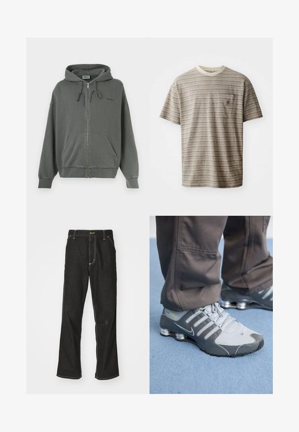 Hallide hallkangas halli kapuutsiga, mis on valmistatud pehmest puuvilla segu materjalist, külgedel on tõmblukud, ees on taskud ja soonikuga mansetid. Rinna peal on brändi logo.; Lühikeste varrukatega triibuline t-särk beežikaspruuni värviga, millel on ümmargune kaelus ja rinnatasku logoga. Tekstuuriga kangas.; Mustadest denimist püksid, lahtise lõikega, kontrastsete valgete õmblustega, nööbiga kinnitamine ja sirge säär.; Hallid ja hõbe Nike Shox tennisetossud on varustatud elegantse disainiga, neil on võrkkangas ja sünteetilised materjalid, ümar varvas ja pehmendatud kaelus.