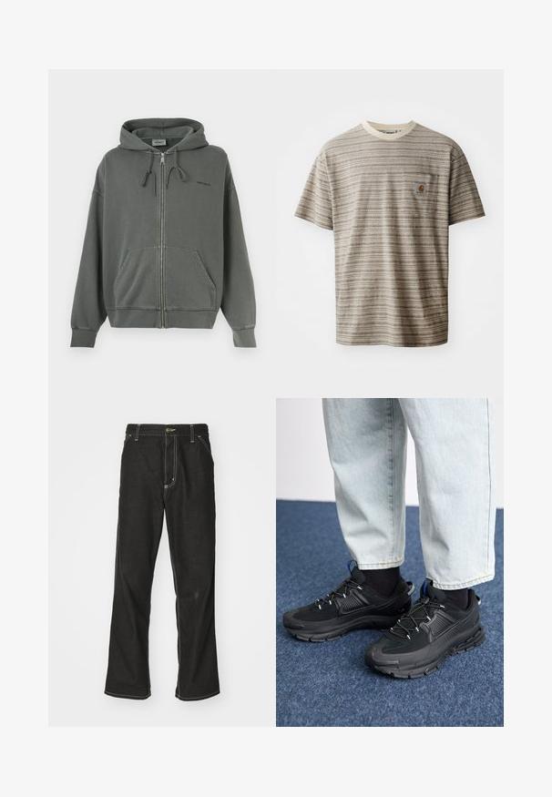 Siva zip-up kapuca iz mehkega bombažnega materiala, ki vključuje kapuco z vrvico, sprednje žepe in rebraste manšete. Logotip blagovne znamke na prsih.; Majica s kratkimi rokavi v bež in rjavi črtasti vzorec, z okroglim izrezom in žepom na prsih s logotipom. Teksturirana tkanina.; Črne jeans hlače ohlapenega kroja, ki imajo kontrastno belo šivanje, zapiranje na gumb in ravno nogavico.; Črne športne čevlje z teksturirano tkanino in gumijastimi podplati, ki imajo elastične vezalke ter modre poudarke na peti. Nosi se z lahkimi denim hlačami.