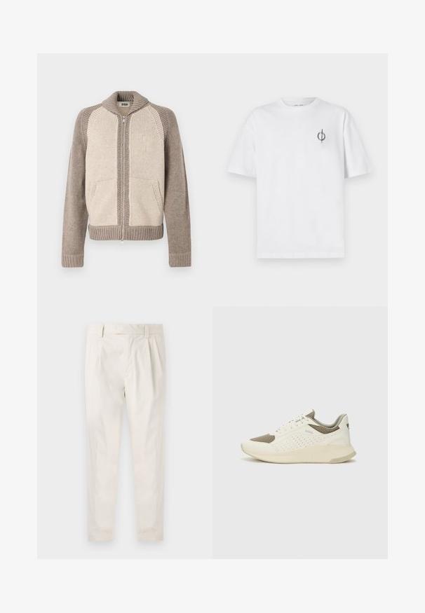 Zip-up knitted jacket with beige front panels, taupe sleeves, ribbed collar, cuffs, hem, and front pockets.; White cotton t-shirt with a relaxed fit, featuring a small black graphic logo on the left chest area. Short sleeves, crew neck style.; White, pleated trousers with a tailored fit, featuring a smooth texture, belt loops, and tapered legs. No visible pockets or patterns.; White and light beige athletic sneaker, featuring a mesh upper, perforated detailing, and a textured midsole with branding on the heel.