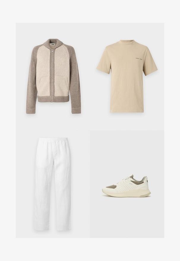 Casaco tricotado com fecho zip com painéis frontais bege, mangas taupe, gola canelada, punhos, bainha e bolsos frontais.; T-shirt de algodão bege com decote redondo e mangas curtas. Apresenta um discreto logotipo em texto preto "SAMSOE" no peito.; Calças de linho branco com cintura elástica, corte reto e textura suave, sem padrões visíveis ou detalhes de ferragens.; Sapatilha atlética branca e bege claro, com parte superior em malha, detalhes perfurados e uma entressola texturizada com marcação no calcanhar.