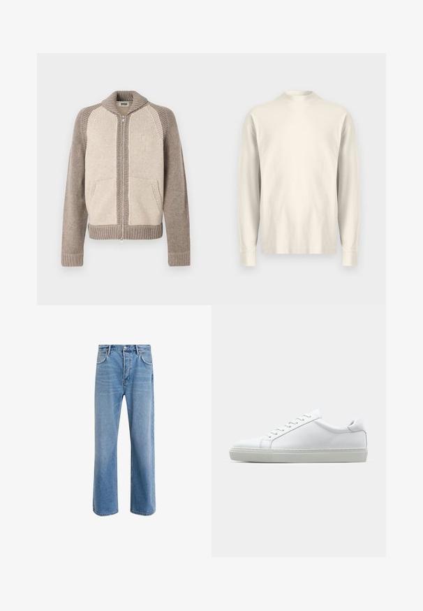 Vetoketjulla varustettu neuletakki, jossa on beige etupaneeli, taupe-sävyt hihat, uritettua kaulusta, hihansuita, helmaa sekä etutaskut.; Pitkähihaiset, korkea kauluksellinen paita vaaleasta kermaisen värisestä puuvillasta. Sileä pinta, rento malli, minimalistinen muotoilu, ei näkyviä kuvioita tai yksityiskohtia.; Vaaleansiniset farkut suoranlahkeisella muotoilulla, viisi taskua, nappisuljenta, vähäinen kuluminen ja kontrastiväriset ompeluyksityiskohdat.; Valkoinen tennari, jossa on sileä nahkapäällinen ja matala profiili. Ominaisuuksiin kuuluu pyöreä kärki, kuusi rei'itystä ja teksturoitu kumipohja.