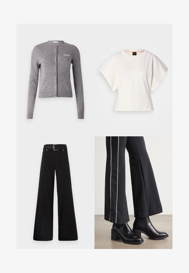 Gray knitted cardigan with a round neck, long sleeves, ribbed cuffs and hem, featuring button closures and a small embroidered logo on the chest.; White cropped T-shirt, short wide sleeves, soft cotton material, round neckline with subtle orange trim, minimal design, no patterns or graphics.; Black wide-leg trousers made from cotton, featuring a high waist, large side pockets, and a belted waist with silver hardware accents.; Black leather ankle boots with a block heel, featuring elastic side panels. Paired with black pants that have a white side stripe.