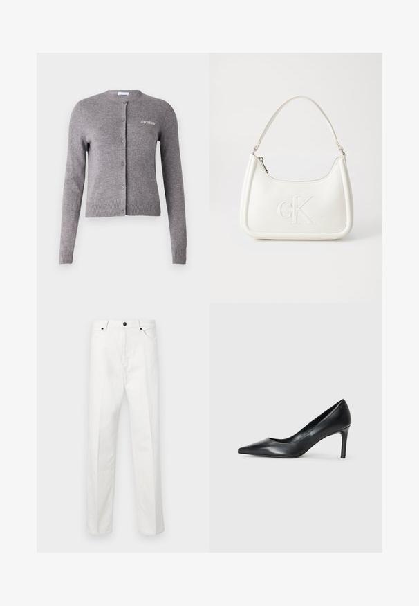 Pilkas megztas kardiganas su apvaliu kaklu, ilgomis rankovėmis, raukšlėtomis rankogaliais ir apatine dalimi, su mygtukais ir mažo išsiuvinėto logotipo ant krūtinės.; Baltas trumpas marškinėliai, plačios trumpomis rankovėmis, minkšta medvilnė, apvali kaklo iškirptė su subtiliu oranžiniu apvadu, minimalus dizainas, be raštų ar grafikų.; Balti džinsai, tiesaus kirpimo, su mygtukų uždarymu ir dviem priekinėmis kišenėmis. Be matomų raštų ar papuošimų. Glotni tekstūra.; Juodas odinis bateliai su smailiu pirštu ir plonu kulnu, lygia tekstūra ir be akivaizdžių papuošimų. Švarus dizainas su minimalistine estetika.; Balta odinė rankinė su išlenkta forma, su reljefiniu "CK" logotipu priekyje ir viena petneša. Užtrauktuko uždarymas viršuje.