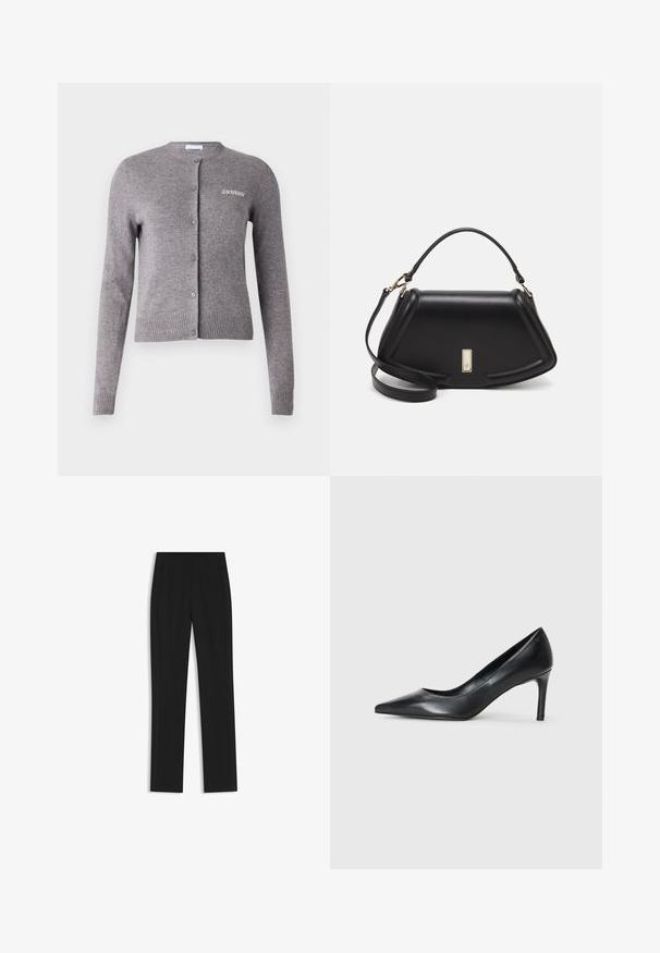 Grå stickad cardigan med rund hals, långa ärmar, ribbade manschetter och nederkant, med knappstängning och en liten broderad logotyp på bröstet.; Svart bomullströja med rund halsringning, korta ärmar och en broderad logotyp på bröstet. Enkel, avslappnad passform utan mönster.; Svarta skräddarsydda byxor med rak bendesign, som har framfickor och ett slätt, strukturerat tyg. Prydlig, minimal detaljer.; Svarta läderpumps med spetsig tå och smal klack, slät textur och inga synliga dekorationer. Ren design med en minimalistisk estetik.; Svart läderhandväska med en strukturerad design, som har en avskuren form, ett handtag upptill och guldiga detaljer. Justerbar axelrem ingår.