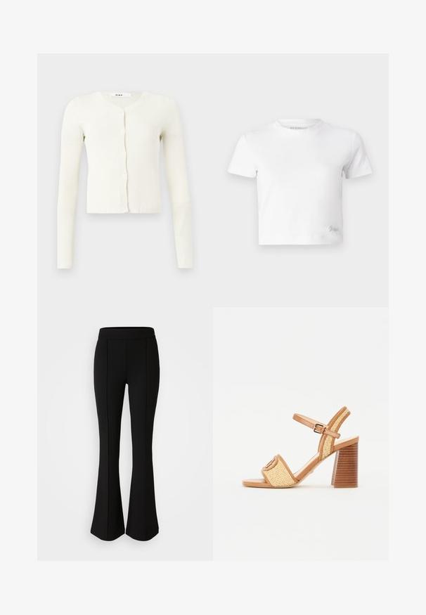 Witte geribbelde cardigan met lange mouwen, V-hals en een knoopsluiting aan de voorkant. Gemaakt van een zachte, gestructureerde stof.; Witte cropped t-shirt van zacht katoen, met een hoge hals en korte mouwen. Klein geborduurd logo in de onderhoek.; Zwarte flared broek gemaakt van een rekbaar materiaal met een gladde textuur, met naaddetails aan de voorkant voor extra ontwerp.; Bruine leren en geweven rieten sandalen met hak, voorzien van een enkelbandje, open teen en een chunky houten hak met horizontale strepen.