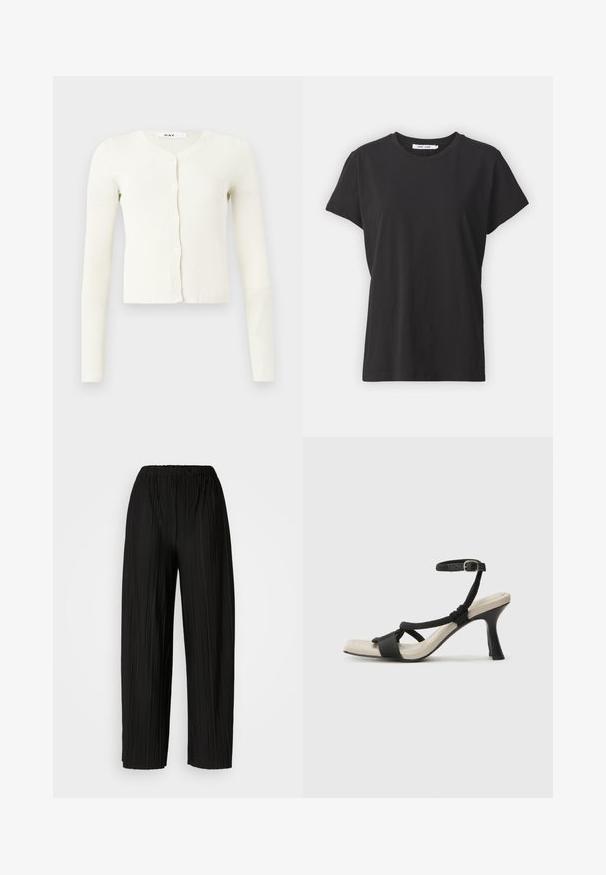 Valge ribakardigan pikkade varrukatega, V-kujulise kaelusega ja nööpidega esiosal. Valmistatud pehmest, tekstuuriga kangast.; Must have mustrisest t-särk klassikalise ümmarguse kaelusega, lühikeste varrukatega ja lõdva lõikega. Sile tekstuur, nähtavate mustrite või aktsentideta.; Mustad voodri laiad püksid elastse vöökoha ja vertikaalsete volangidega, millel on sile tekstuur.; Mustad musta kontsaga sandaal, millel on punutud rihma disain, ruudukujuline varvas ja reguleeritav pahkluu rihm. Heleda beeži värvi jalapadi ja läikiv must konts.