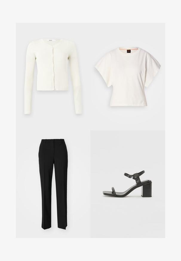 Fehér bordás kardigán hosszú ujjal, V-nyakkivágással és gombos előlappal. Puha, texturált anyagból készült.; Fehér, rövid, bő ujjú, crop szabású póló, puha pamut anyagból, kerek nyakkivágással, finom narancssárga díszítéssel, minimalista dizájn, minta vagy grafika nélkül.; Fekete, testhezálló nadrág egyenes szárú kivitelben, sima textúrával és éles redőkkel az elején. Nincs látható fémalkatrész.; Fekete bőr, tömbsarkú szandál széles pánttal a lábujjak felett és állítható bokapánttal, letisztult, minimalista dizájnnal.