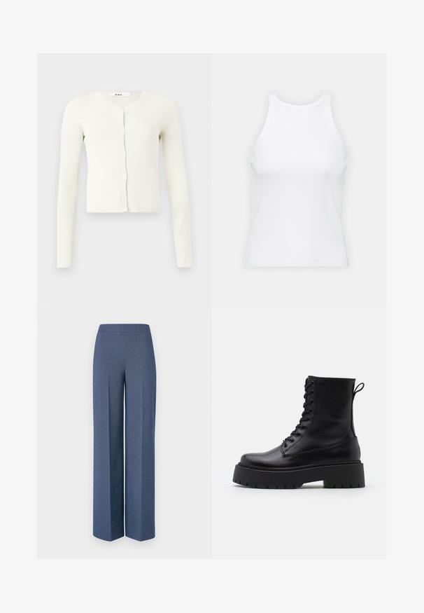 Hvit, ribbestrikket cardigan med lange ermer, V-hals og knappelukking foran. Laget av et mykt, teksturert stoff.; Hvit ermeløs tanktop laget av ribbet stoff, med rund hals og en tettsittende silhuett, med minimale sømmer og ingen dekorasjoner.; Bredde bukser i teksturert blåt stoff med en glatt linning og skarpe folder foran, som fremhever et skreddersydd design.; Sorte skinn ankelstøvler med rund tå, snøring foran og tykk gummisåle med teksturert mønster. Håndtak bak.