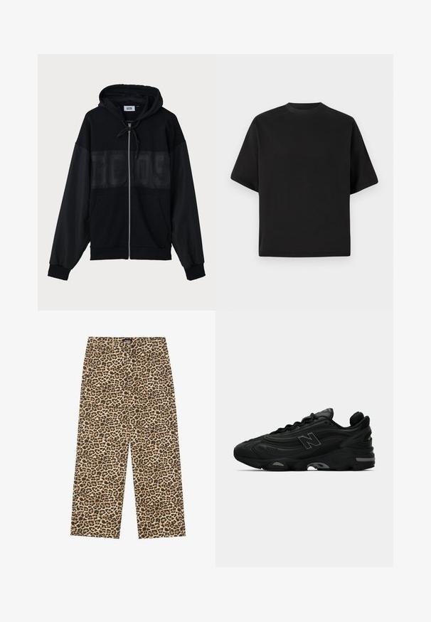 Fleece preto com fecho, com um painel superior texturizado, capuz, bolsos frontais e punhos elásticos. Apresenta um logo tonal no peito.; T-shirt preta de manga curta em corte solto, feita de algodão suave, com decote redondo e design minimalista.; YOURTURN UNISEX - Calças de ganga de corte relaxado - beige/black; Ténis de corrida pretos com um upper texturizado, apresentando um logótipo proeminente, sola grossa e subtis acentos cinzentos ao longo do design.