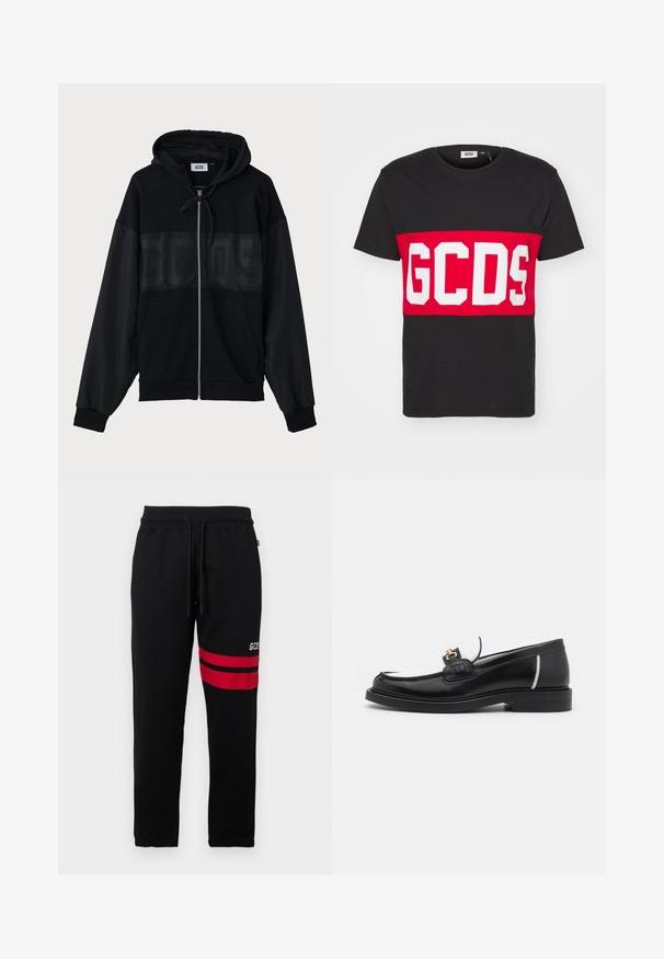 Felpa con zip nera, con un pannello superiore testurizzato, cappuccio, tasche anteriori e polsini elastici. Presenta un logo tono su tono sul petto.; GCDS BAND LOGO REGULAR - T-shirt con stampa - black; Pantaloni sportivi neri con strisce rosse a contrasto e logo sul lato. Presentano una vita elastica con cordino e polsini alla caviglia a punta.; Mocassino in pelle nera con punta arrotondata, accenti bianchi e dettagli in oro sulla parte anteriore. Presenta un patch testurizzato e un tacco impilato.