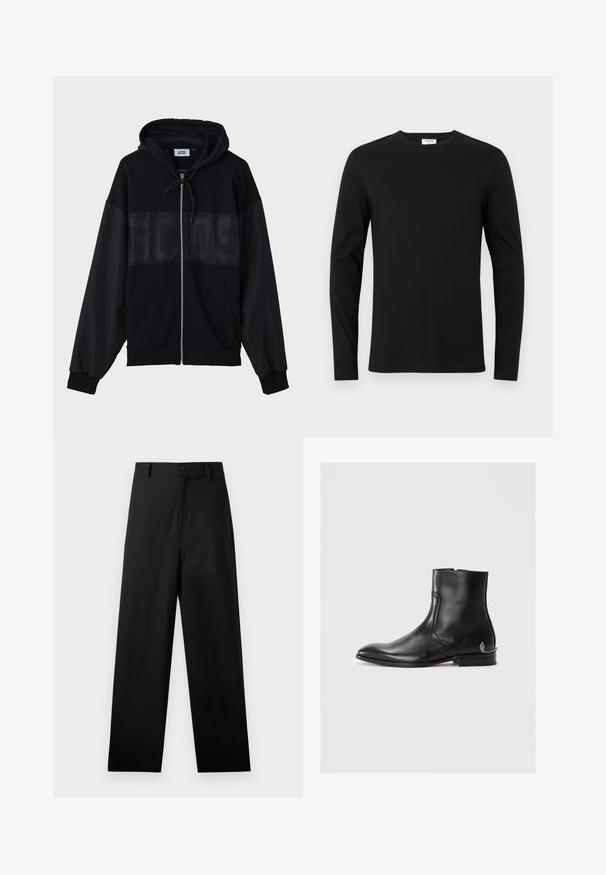 Črna zadrga bombažna jopica s teksturiranim zgornjim delom, kapuco, sprednjimi žepi in elastičnimi manšetami. Značilnost je tonalen logotip čez prsi.; Črn dolgrokavnik iz bombaža, z okroglim izrezom in preprostim dizajnom brez vidnih vzorcev ali okraskov.; Črne hlače iz bombaža s ravno nogo obliko, ki imajo sprednji gumb in stranske žepe. Gladka tekstura, brez vzorcev.; Črne usnjene gležnjarje s koničastim nosom, teksturirano stransko okrasje, nizko peto in majhnim dekorativnim srebrnim nagonom v obliki kače na peti.