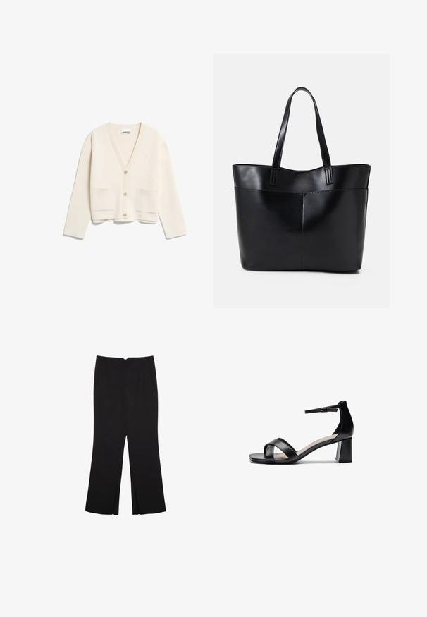 Cremefarbener Cardigan mit V-Ausschnitt, Knopfleiste, zwei aufgesetzten Taschen vorne, gerippten Bündchen und einem kleinen Logo auf der linken Brust.; Schwarzes ärmelloses Crop-Top aus glattem Stoff, mit rundem Ausschnitt und einem klaren, schlichten Design ohne Muster oder Beschläge.; Schwarze Hose mit geradem Schnitt, ausgestattet mit Fronttaschen und Seitenschlitzen am Saum. Hergestellt aus weichem, glattem Stoff. Geeignet für verschiedene Anlässe.; Schwarze offene Sandale mit Absatz, gekreuzten Riemen, verstellbarem Knöchelriemen und einem klobigen Absatz, ausgestattet mit einer glatten Ledertextur.; Schwarze Leder-Shopper-Tasche mit zwei langen Griffen, einer glatten Textur und einer strukturierten Form. Verfügt über eine Vordertasche für zusätzlichen Stauraum.