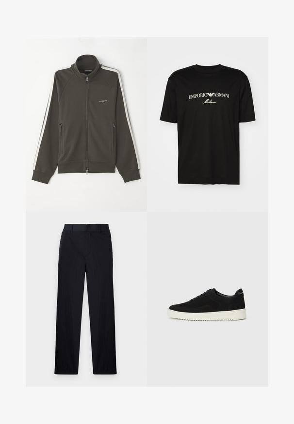 Tmavě olivově zelená bunda na zip se strukturovaným povrchem, bílými pruhy na rukávech a dvěma bočními kapsami na zip.; Černé bavlněné tričko s kulatým výstřihem, krátkými rukávy a logem "EMPORIO ARMANI" v bílém nad nápisem "Milano" v zakřiveném provedení.; Černé kalhoty s lehkým, strukturovaným materiálem, rovnými nohavicemi, elastickým pasem a postranními zipovými kapsami.; Černé semišové tenisky s krajkovým designem a kontrastní bílou gumovou podrážkou. Obsahují texturované boční panely a jemné branding na patě.