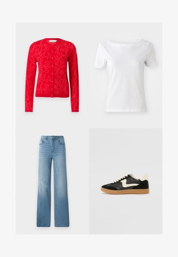 Rote Strickjacke mit Blumenmuster, runder Halslinie, Knopfverschluss und langen Ärmeln. Weicher Stoff und taillierte Schnittführung.; Weißes T-Shirt mit kurzen Ärmeln aus Baumwolle, mit einem Bootsausschnitt und einer glatten Textur. Einfaches und ungeschmücktes Design.; Helleblaue hochtaillierte Jeans mit geradem Bein. Aus Denim gefertigt, mit fünf Taschen und einem Knopfverschluss.; Schwarze Wildleder- und Leder-Sneaker mit einem cremefarbenen Seiten-Swoosh und einer hellcremefarbenen Ferse. Ausgestattet mit beige Schnürsenkeln und einer Gummilaufsohle.