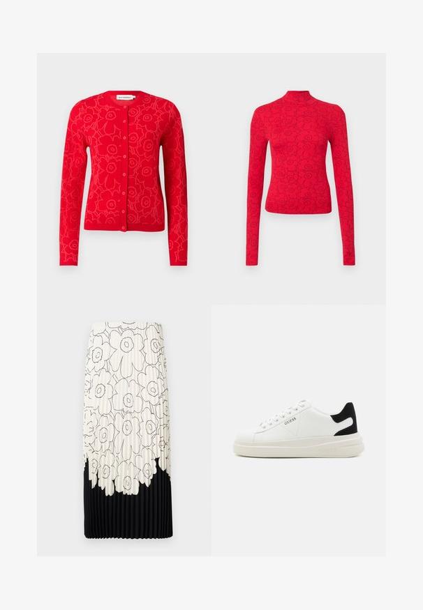 Červený kardigán s kvetinovým vzorom, so zaobleným výstrihom, zapínaním na gombíky a dlhými rukávmi. Mäkka textúra a priliehavý strih.; Červený top s dlhým rukávom a vysokým golierom, zdobený čiernou kvetinovou potlačou, vyrobený z rebrovanej látky, ktorá vytvára textúrovaný vzhľad.; Plisovaná sukňa s kvetinovým čierno-bielym vzorom, ktorá má svetlú hornú časť s kvetmi a pevným čiernym spodným lemom.; Biele kožené tenisky s hrubou bielou podrážkou, čiernym zamekom na päte a vyrazeným logom na boku. Šnurovací dizajn so šiestimi očkami.