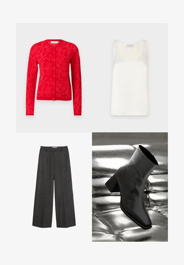 Rote Strickjacke mit Blumenmuster, runder Halslinie, Knopfverschluss und langen Ärmeln. Weicher Stoff und taillierte Schnittführung.; Weißes Satin-Ärmelloses Tanktop mit rundem Ausschnitt und glatter Textur, subtiler Glanz und saubere Kanten.; Weite Hose aus dunkelgrauem Stoff. Verfügt über einen maßgeschneiderten Bund mit Gürtelschlaufen, glatter Textur und minimalen Nähakzenten.; Schwarzer Knöchelstiefel aus glänzendem Material mit quadratischer Zehenform und verjüngtem Absatz, vor einem glänzenden silbernen gepolsterten Hintergrund.