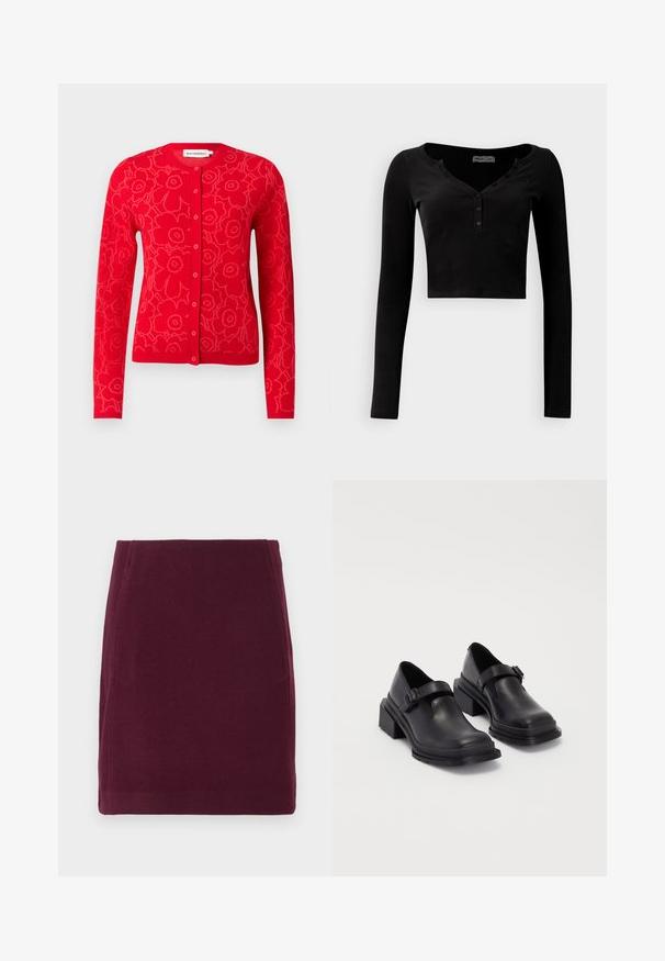 Gilet rouge à motif floral, avec un col rond, une fermeture à boutons et des manches longues. Texture douce et design ajusté.; Haut noir à manches longues cropped en tissu côtelé, avec un décolleté en V et une patte de boutonnage à trois boutons à l'avant.; Vero Moda VMFORTUNALLISON SHORT - Jupe trapèze - winetasting; Chaussures en cuir noir avec un bout arrondi, semelle plate et une sangle avec une boucle décorative. Talon épais pour plus de stabilité.