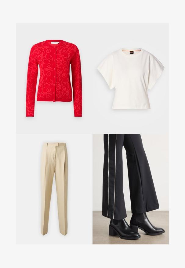 Červený cardigan s květinovým vzorem, kulatým výstřihem, zapínáním na knoflíky a dlouhými rukávy. Měkký materiál a přiléhavý střih.; Bílý zkrácený T-shirt, krátké široké rukávy, měkký bavlněný materiál, kulatý výstřih s jemným oranžovým lemováním, minimalistický design, bez vzorů nebo grafik.; Béžové ušité kalhoty s rovnými nohavicemi, které mají sklady, pas a hladkou texturu. Žádné viditelné kapsy ani ozdobné prvky.; Černé kožené kotníkové boty na blokovém podpatku, s elastickými bočními panely. V kombinaci s černými kalhotami, které mají bílý boční pruh.