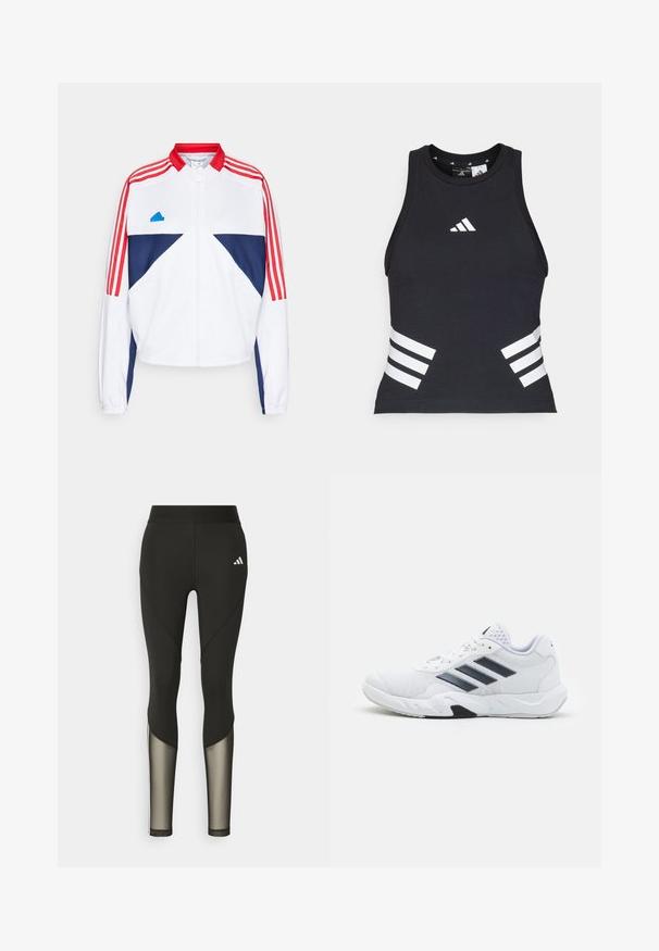 adidas Sportswear TIRO CUT 3-STRIPES TRACK - Bluză de molton cu fermoar - white/better scarlet; Tricou sportiv negru fără mâneci, cu decolteu rotund, având un logo alb pe piept și accente cu dungi albe pe laterale. Textură de material neted.; Leggings negri pentru sport, cu talie înaltă, având accente din plasă pe picioare și un logo brodat pe șold.; Adidași albi cu partea superioară din plasă, trei dungi negre pe lateral, accente texturate și o talpă din cauciuc solidă cu o secțiune contrastantă neagră.