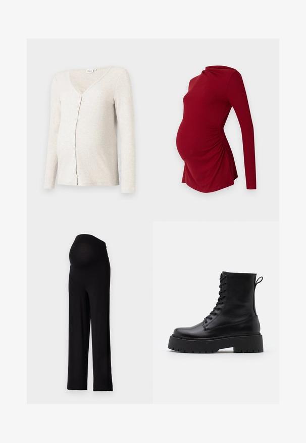 Gaiši bežs ribots grūtniecības kardigans ar V-veida kakla izgriezumu, garām piedurknēm un pogu aizdari; mīksta tekstūra un pieguļošs dizains ap vēderu.; Ilgi piedurkņu sarkans grūtniecības tops ar ribotu tekstūru, ar krītošu dekoltē un sānu rušēšanu, lai pielāgotos augošai vēderam.; Melnas grūtniecības bikses ar elastīgu, cieši pieguļošu jostu un platu kāju dizainu. Izgatavotas no mīksta auduma, kas nodrošina komfortu un atbalstu.; Melni ādas potītēm zābaki ar apļveida purngalu, auklām priekšpusē un biezu gumijas zoli ar teksturētu protektoru. Velkšanas cilpa aizmugurē.