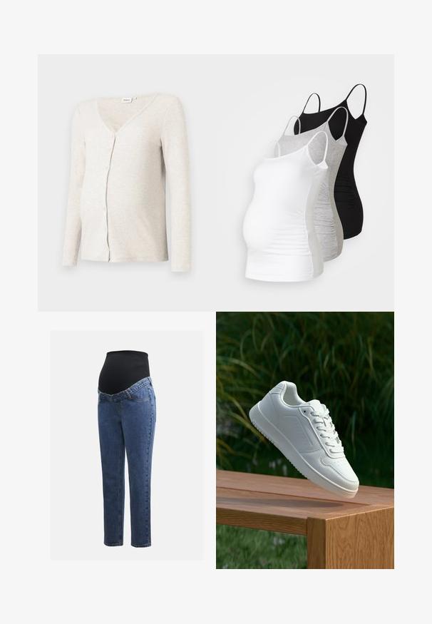 Šviesiai smėlio spalvos ribotuotas nėščiųjų kardiganas su V-formos iškirpte, ilgomis rankovėmis ir mygtukų uždarymu; minkšta tekstūra ir prigludęs dizainas aplink pilvą.; Trys nėštumo marškiniai be rankovių – balti, pilki ir juodi. Tampri medžiaga su reguliuojamomis petnešėlėmis ir susiraukšlėjusiomis šoninėmis siūlėmis, užtikrinančiomis komfortą.; Nėštumo džinsai su mėlynos džinsinės medžiagos kojomis ir juodu elastingu pilvo skydeliu, skirtu palaikyti ir uždengti augantį pilvuką.; Balti sneakeriai su lygia sintetine viršutine dalimi, perforuota pirštų zona, plokščiomis raištelėmis ir tekstūruotu padu, padėti ant medinės paviršiaus.
