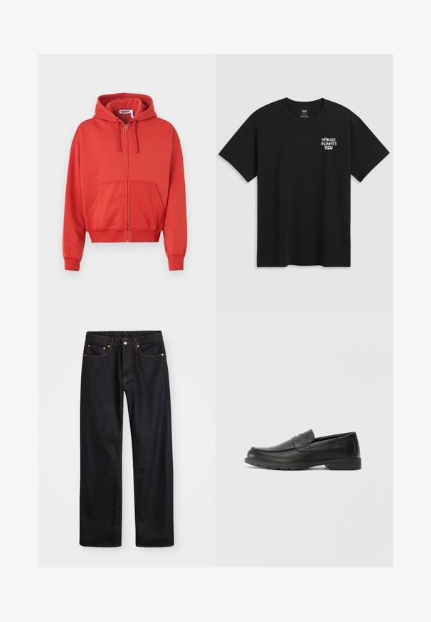 Red zip-up hoodie made of cotton blend, featuring a drawstring hood, front pockets, and ribbed cuffs. Smooth texture with no visible patterns.; Black cotton t-shirt featuring a chest print that reads "HOUSE PLANTS" in white stylized font with "Levi's" below. Classic crew neckline.; Men’s straight-leg black denim jeans with five pockets and orange stitching, button and zip closure on front waistband.; Black leather loafers with a smooth finish, moccasin-style upper, stitched detailing, and a rubber sole. Classic design with a low heel.