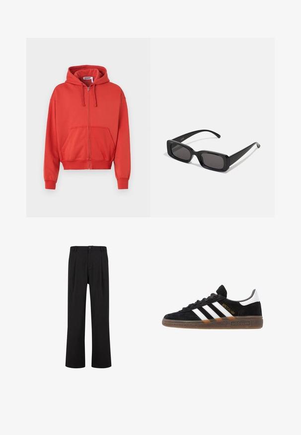 Rode zip-up hoodie gemaakt van katoenmix, met een trekkoordkap, voorzakken en ribgebreide cuffs. Glide textuur zonder zichtbare patronen.; Witte katoenen t-shirt met korte mouwen, ronde halslijn en recht gesneden. Gladde textuur zonder zichtbare patronen of accenten.; Zwarte broeken met een rechte pasvorm, platte voorkant en plooien. Gemaakt van een gladde stof met een knoopsluiting en ceintuurlussen.; Zwarte Adidas sneaker met witte strepen, gouden "Spezial" tekst, gumzool en witte hieltab, weergegeven in zijaanzicht.; Zwarte rechthoekige zonnebril met donkere lenzen, glanzende afwerking, brede pootjes en een robuust frameontwerp. Gegraveerde merknaam op één van de pootjes.; Twee gebloemde sjaals: de ene zwart met witte ontwerpen, de andere bruin met oranje accenten. Beide zijn van satijn gemaakt en hebben puntige uiteinden.; Zwarte schoudertas gemaakt van duurzaam materiaal, met flapsluiting, verstelbare schouderriem en logo detail aan de voorkant.