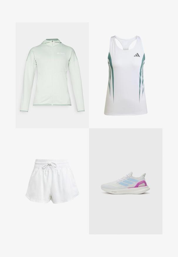 Svetlozelená zipsová mikina vyrobená z priedušného materiálu, so zipsom vpredu, kapucňou a reliéfovým logom na hrudi.; Biely športový top s tehlovými akcentmi a geometrickým vzorom. Má pretekársky strih a ľahkú, štruktúrovanú tkaninu.; Biele športové šortky s elastickým pásom a nastavitelnou šnúrkou. Vyrobené z ľahkého materiálu, s bočnými vreckami a voľným strihom.; adidas Performance PUREBOOST 5 - Cestná bežecká obuv - white/glow blue/purple burst