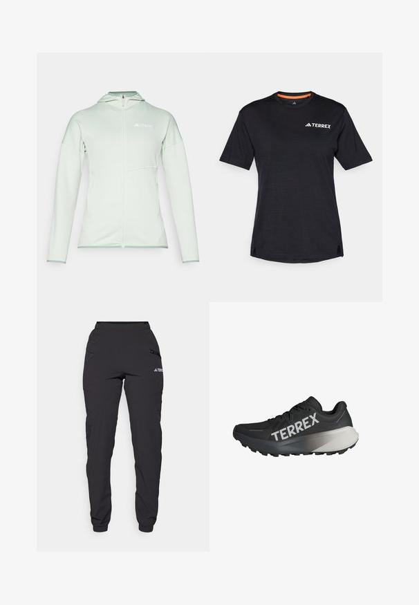 Lys grønn glidelåsjakke laget av pustende stoff, med glidelås foran, hette og et preget logo på brystet.; Svart T-skjorte med kort erme og rund hals, med en subtil melert tekstur og hvit "TERREX" logo på øverste venstre side.; Svart vanntette bukser med elastisk midje, glidelåslommer på sidene, avsmalnende ben og ribbede mansjetter ved anklene. Har logo-detaljer.; Svart løpesko med teksturert overdel, fremtredende "TERREX"-logo i hvitt, avsmalnet såledesign og en gradient grå aksent på hælen.