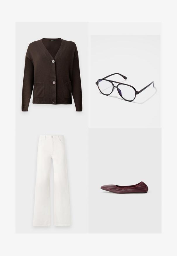 Brauner, gestrickter Cardigan mit V-Ausschnitt, gerippten Bündchen, zwei Fronttaschen und großen Knöpfen zum Schließen. Weiche Textur bietet Komfort.; Weißes Hemd mit Knöpfen aus leichtem Stoff. Es hat einen klassischen Kragen, zwei Brusttaschen und einen leicht längeren hinteren Saum.; Weiße, hoch taillierte, weite Jeans aus Denim. Verfügt über einen Knopfverschluss, zwei Fronttaschen und Seitennähte mit Stickdetails.; Ballerinas aus tiefburgunderfarbenem Leder mit runder Zehenform, elastischem Rand und glatter Textur sowie subtilen Faltendetails.; Runde, dunkle Schildpattbrille mit klaren Gläsern. Besitzt schlanke Kunststoffrahmen und ein dezentes Scharnierdetail an den Bügeln.