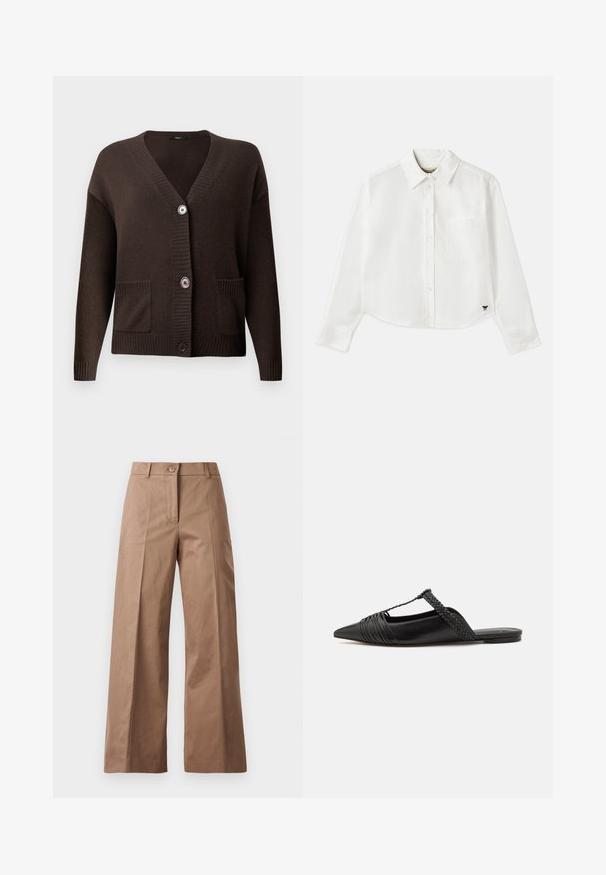 Cardigan maro tricotat, cu decolteu în V, manșete drepte, două buzunare frontale și nasturi mari pentru închidere. Textură moale care oferă confort.; Cămașă albă cropped cu mânecă lungă din bumbac. Prezentă un închizător cu nasturi în față, un buzunar pe piept și un mic logo negru în partea stângă jos.; Pantaloni largi de culoare maronie, confecționați dintr-un material neted, având o închidere cu nasture în față, două buzunare frontale și linii curate, croite.; Pantofii din piele neagră cu curea la spate au vârful ascuțit, prezentând un accent țesut și un design superior pliat. Talpa joasă cu hardware minim.