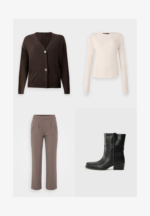 Brązowy dziergany kardigan z dekoltem w serek, ściągaczami na mankietach, dwoma przednimi kieszeniami oraz dużymi guzikami do zapinania. Miękka faktura zapewnia komfort.; Długi rękaw, jasnobeżowa bluzka z okrągłym dekoltem. Wykonana z miękkiego materiału, posiada centralny szew oraz lekko zaokrąglony dół. Brak widocznych elementów metalowych.; Sukienki w kolorze taupe o luźnym kroju, z elastycznym paskiem w talii i fałdami z przodu, wykonane z gładkiego materiału.; Czarne skórzane botki za kostkę z okrągłym noskiem, słupkowym obcasem, bocznym zamkiem i przeszyciami na cholewce. Gładka tekstura, klasyczny design.