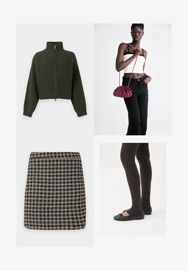 Sweater cropped tricotado em verde escuro com gola alta e fecho de zíper à frente. Apresenta mangas largas e textura canelada em todo o tecido.; Blusa preta de mangas compridas para mulheres, com gola pontiaguda, botões frontais ocultos, cintura ajustada e bainha e punhos em formato evasê.; Saia mini xadrez em preto e bege com uma trama texturizada e uma cintura suave, apresentando um corte estruturado e um design simples.; Sapatos planos pretos com um pequeno laço na ponta, emparelhados com meias-calças caneladas castanhas escuras. Os sapatos têm uma textura suave e um design discretamente baixo.; Bolsa de tecido suave em borgonha com um design franzido e uma alça longa, usada à transversal. Modelo veste um top cropped branco e jeans pretos.